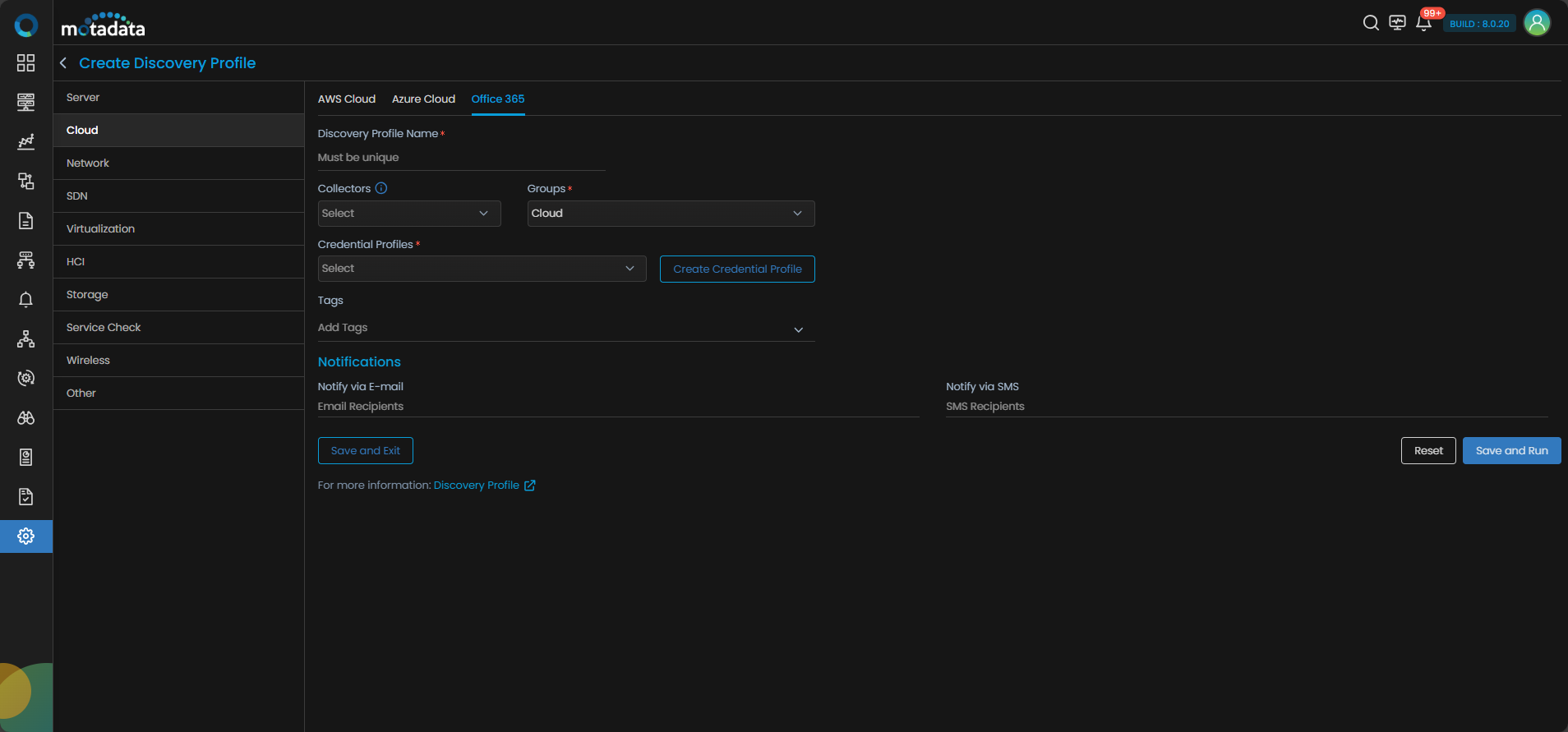 Discovery Profile form with Cloud category and Office 365 selected